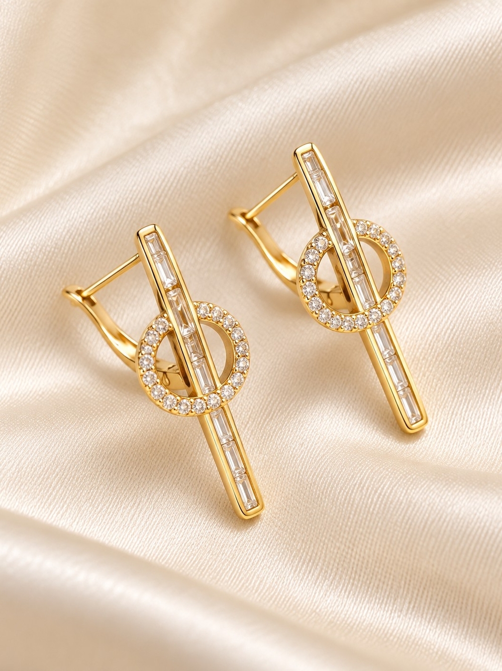 Gold Laminated 14k. Crystal Circle Bar Drop Earrings